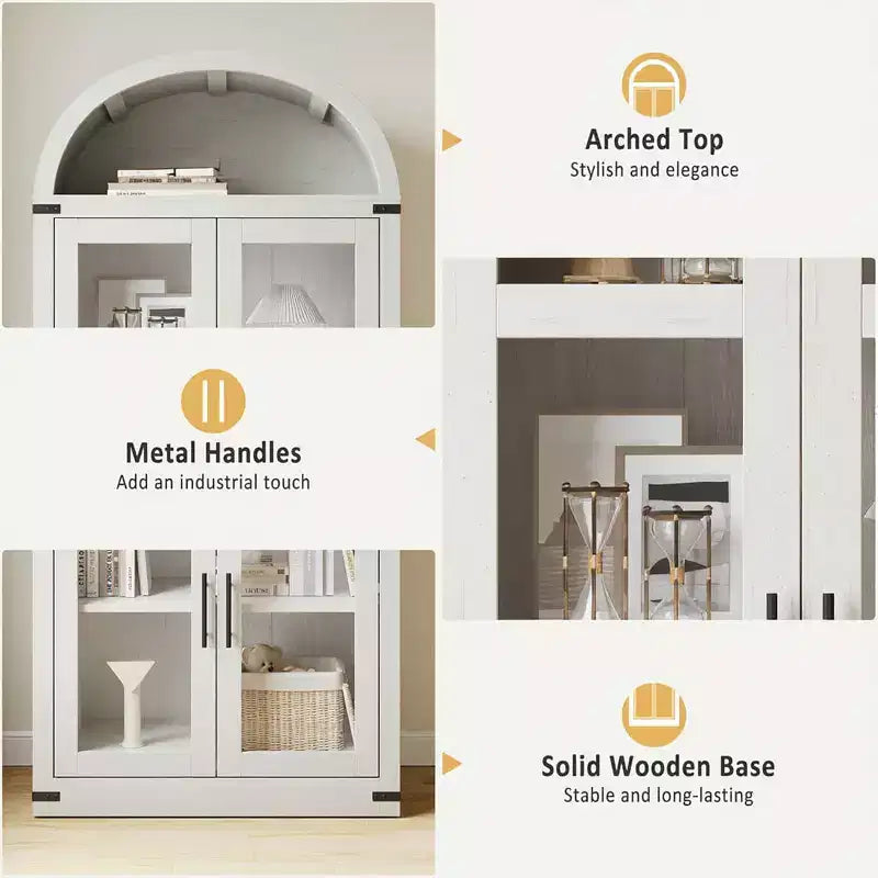 Bibliothèque Arched Farmhouse 7" avec portes en verre/bois - Armoire de rangement à 5 étagères