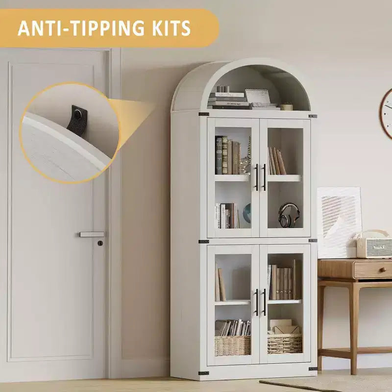 Bibliothèque Arched Farmhouse 7" avec portes en verre/bois - Armoire de rangement à 5 étagères
