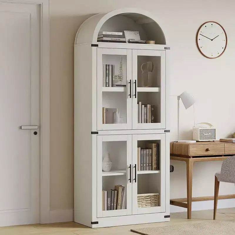 Bibliothèque Arched Farmhouse 7" avec portes en verre/bois - Armoire de rangement à 5 étagères