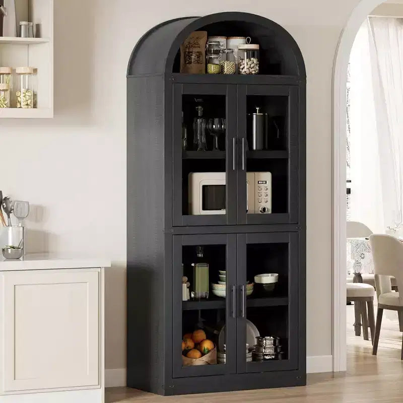 Bibliothèque Arched Farmhouse 7" avec portes en verre/bois - Armoire de rangement à 5 étagères