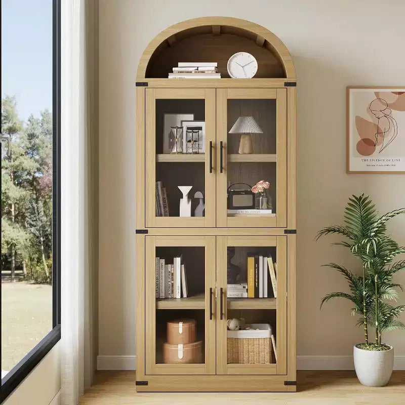 Bibliothèque Arched Farmhouse 7" avec portes en verre/bois - Armoire de rangement à 5 étagères