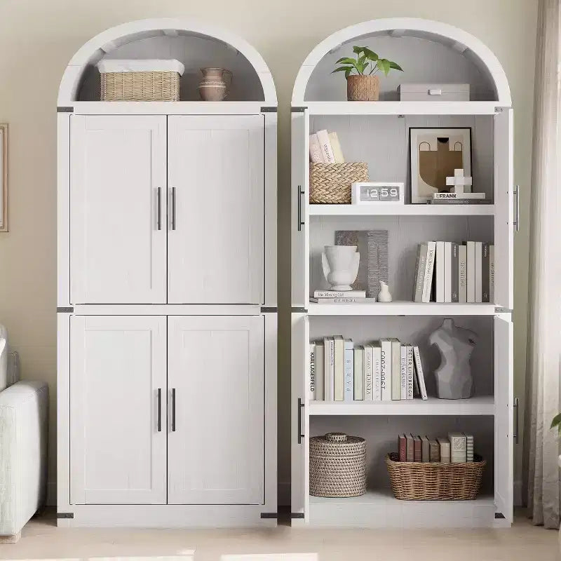 Bibliothèque Arched Farmhouse 7" avec portes en verre/bois - Armoire de rangement à 5 étagères