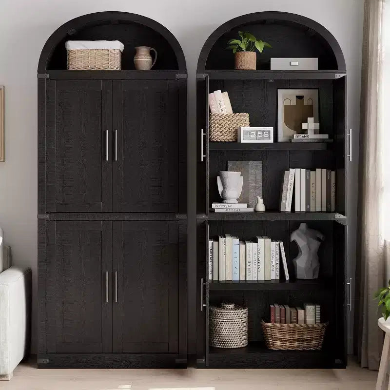 Bibliothèque Arched Farmhouse 7" avec portes en verre/bois - Armoire de rangement à 5 étagères