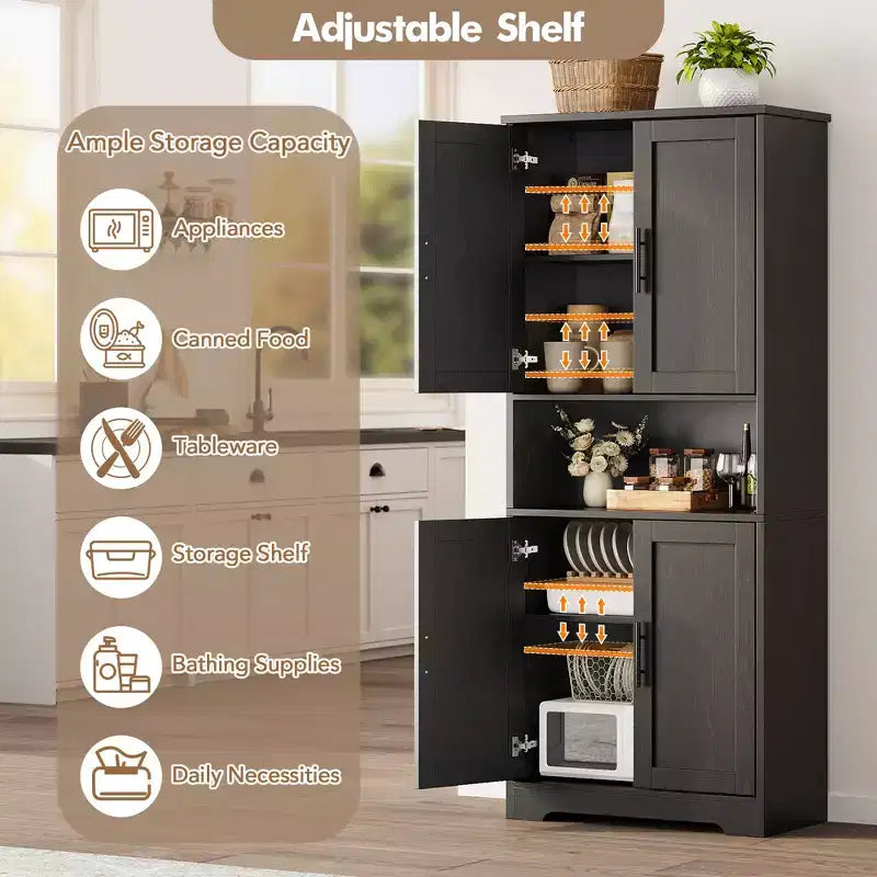 Armoire de cuisine haute de 70 po avec portes et étagères réglables, placard autoportant