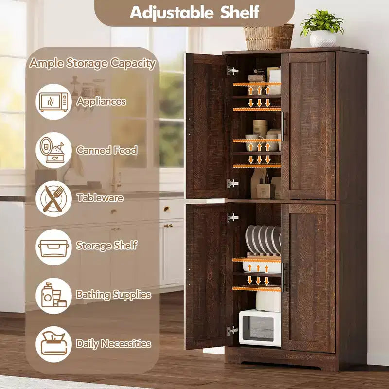 Armoire de cuisine haute de 70 po avec portes et étagères réglables, placard autoportant