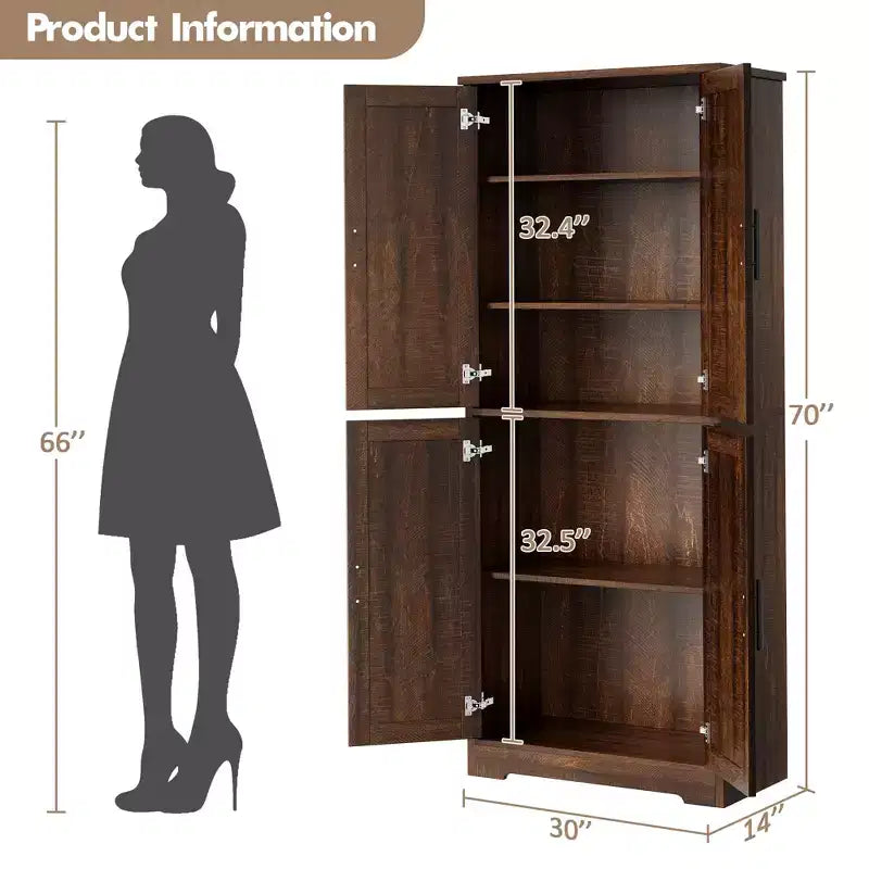Armoire de cuisine haute de 70 po avec portes et étagères réglables, placard autoportant