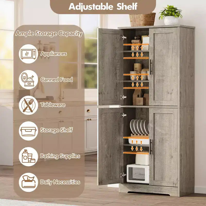 Armoire de cuisine haute de 70 po avec portes et étagères réglables, placard autoportant