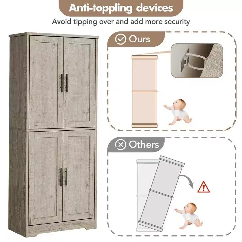 Armoire de cuisine haute de 70 po avec portes et étagères réglables, placard autoportant