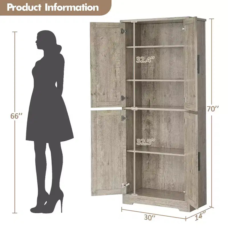 Armoire de cuisine haute de 70 po avec portes et étagères réglables, placard autoportant