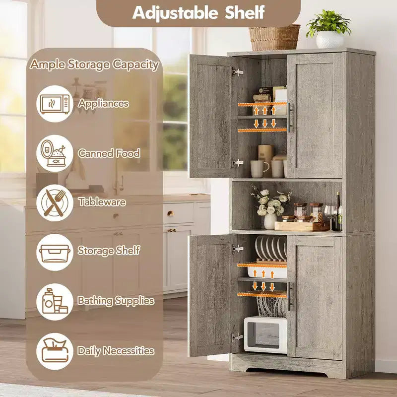 Armoire de cuisine haute de 70 po avec portes et étagères réglables, placard autoportant