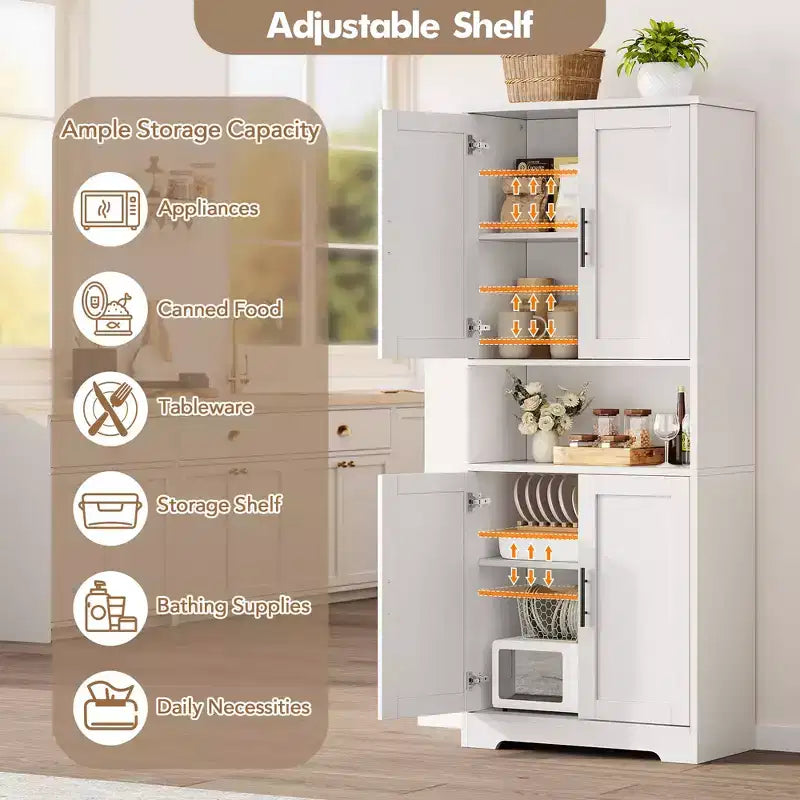 Armoire de cuisine haute de 70 po avec portes et étagères réglables, placard autoportant