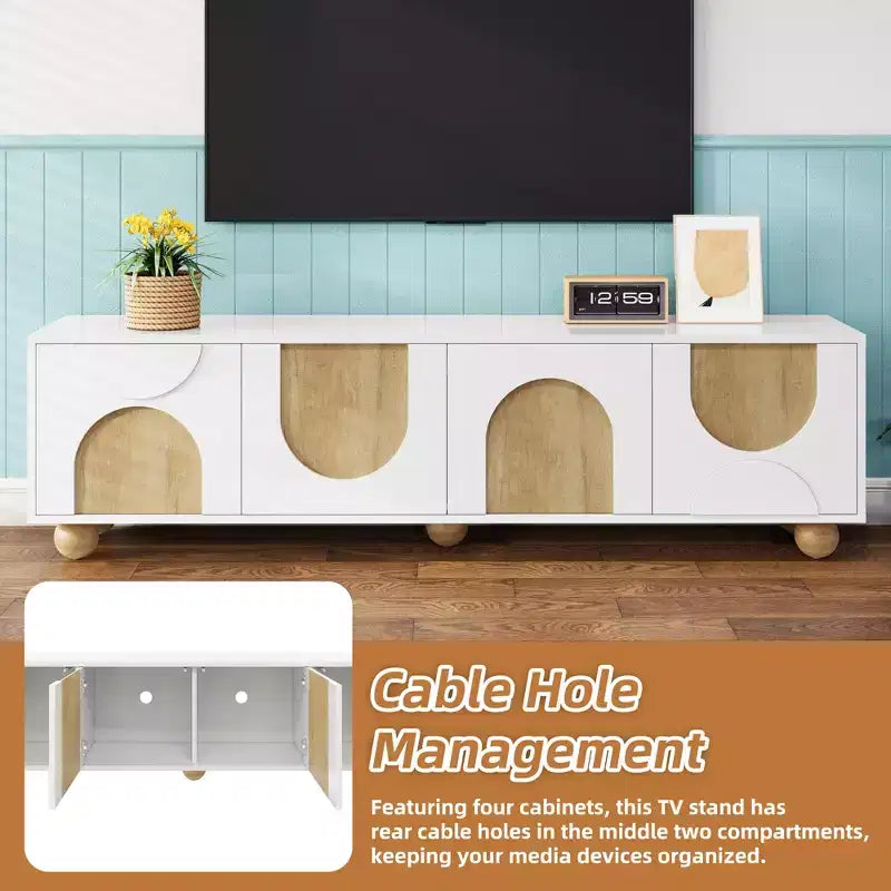 Meuble TV pour téléviseurs jusqu'à 75" - Console média avec portes à fermeture douce et 5 pieds en bois