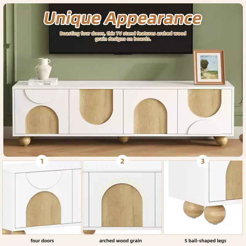 Meuble TV pour téléviseurs jusqu'à 75" - Console média avec portes à fermeture douce et 5 pieds en bois