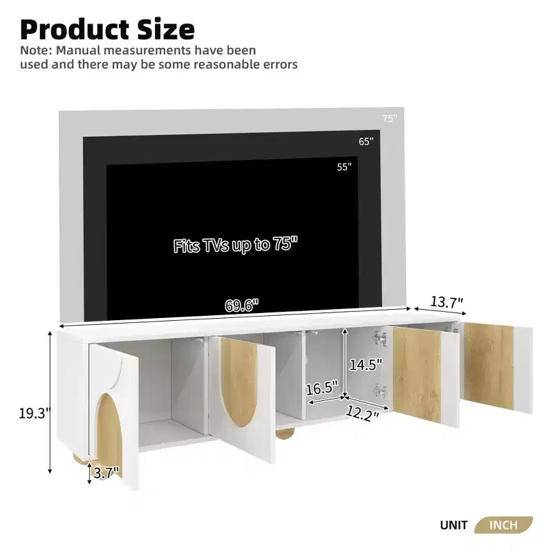 Meuble TV pour téléviseurs jusqu'à 75" - Console média avec portes à fermeture douce et 5 pieds en bois