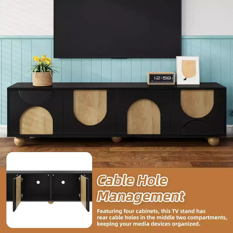 Meuble TV pour téléviseurs jusqu'à 75" - Console média avec portes à fermeture douce et 5 pieds en bois