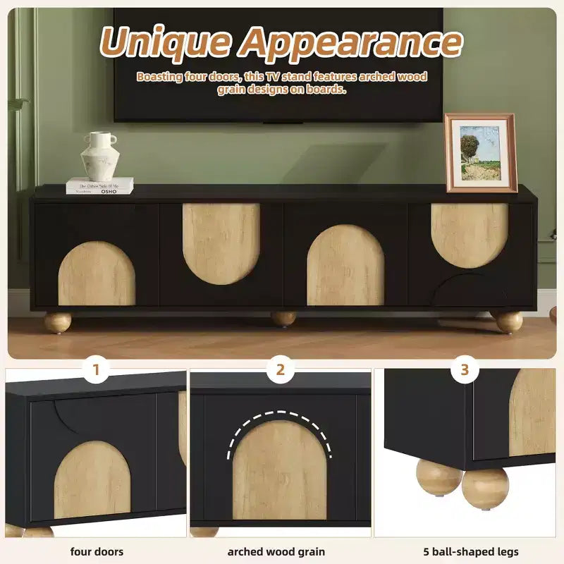 Meuble TV pour téléviseurs jusqu'à 75" - Console média avec portes à fermeture douce et 5 pieds en bois