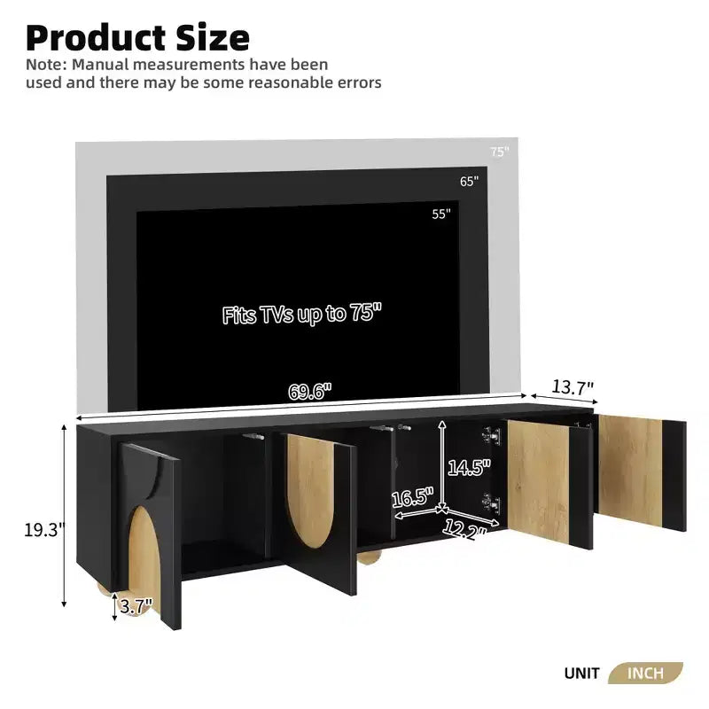Meuble TV pour téléviseurs jusqu'à 75" - Console média avec portes à fermeture douce et 5 pieds en bois