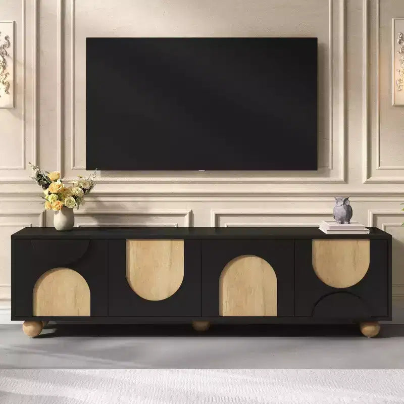 CLIHOME Farmhouse TV Stand for TVs up to 75, Cream Style Media Console with Rebound Device, Entertainment Center with 5 Solid Wood Legs