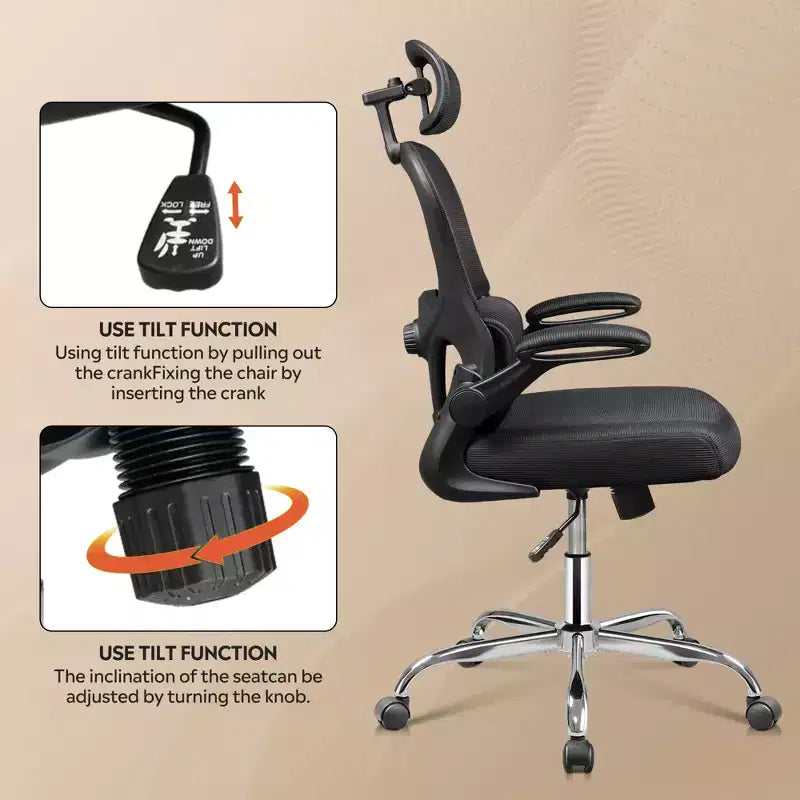 Chaise de bureau en maille, confort ergonomique avec appuie-tête 3D et accoudoirs relevables, idéale pour les professionnels et les joueurs, noire