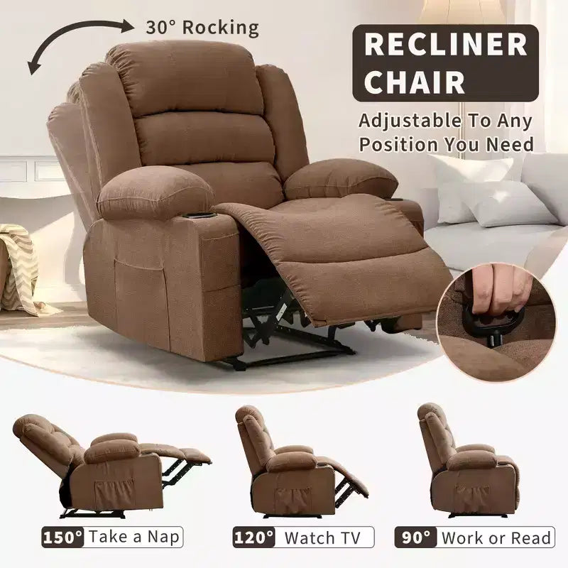 Grand fauteuil inclinable pour adultes, manuel en tissu avec poches latérales et porte-gobelets