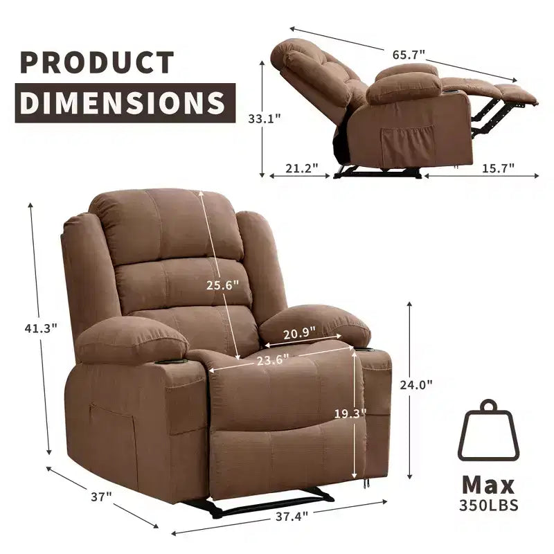 Grand fauteuil inclinable pour adultes, manuel en tissu avec poches latérales et porte-gobelets