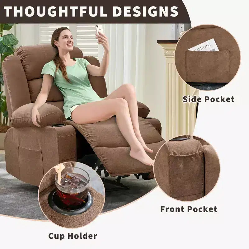 Grand fauteuil inclinable pour adultes, manuel en tissu avec poches latérales et porte-gobelets