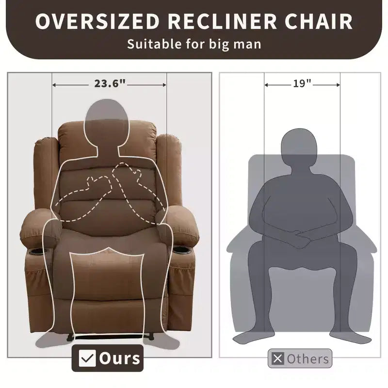 Grand fauteuil inclinable pour adultes, manuel en tissu avec poches latérales et porte-gobelets