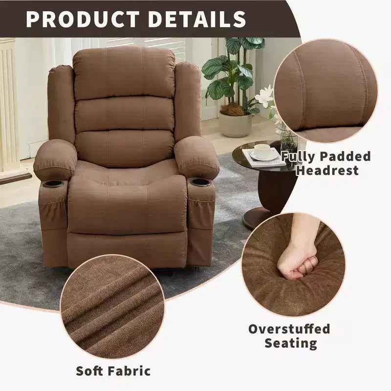 Grand fauteuil inclinable pour adultes, manuel en tissu avec poches latérales et porte-gobelets