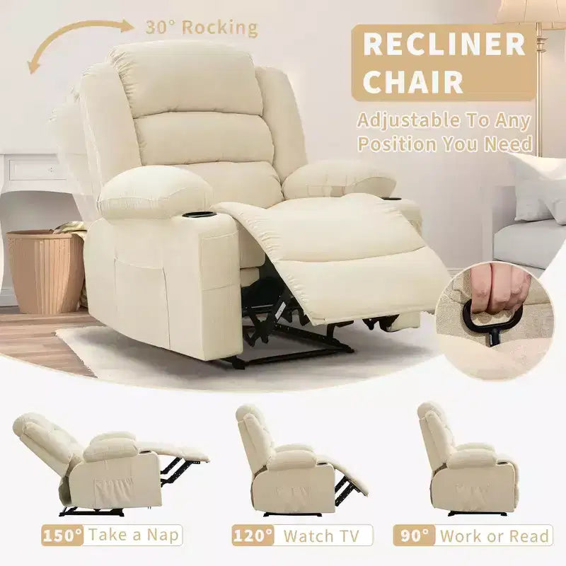 Grand fauteuil inclinable pour adultes, manuel en tissu avec poches latérales et porte-gobelets