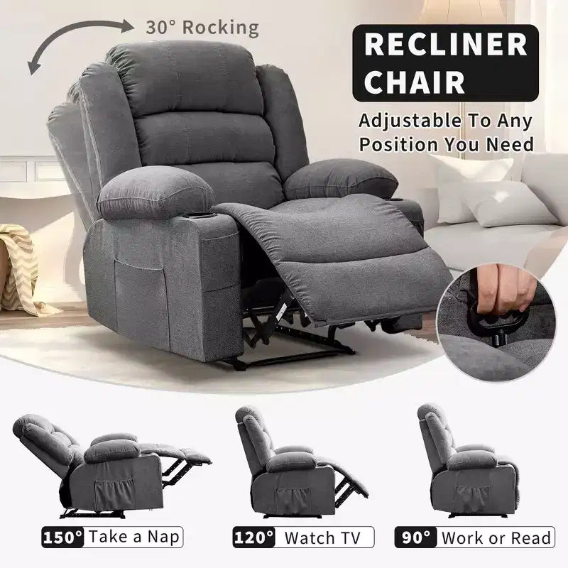 Grand fauteuil inclinable pour adultes, manuel en tissu avec poches latérales et porte-gobelets