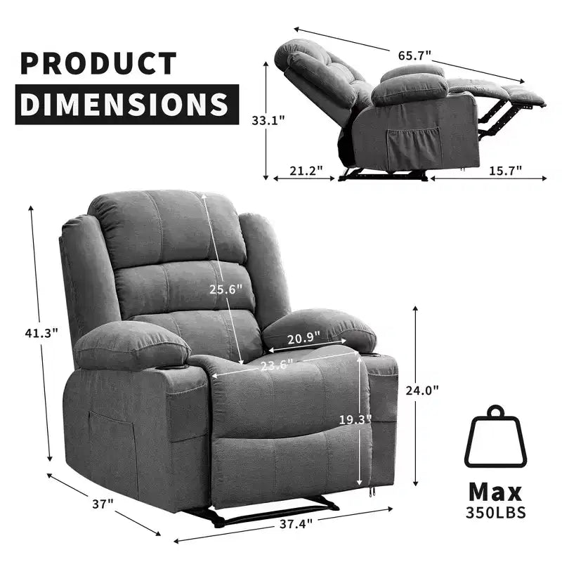 Grand fauteuil inclinable pour adultes, manuel en tissu avec poches latérales et porte-gobelets