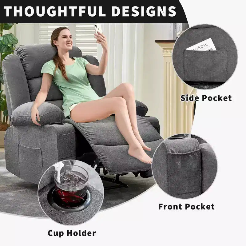 Grand fauteuil inclinable pour adultes, manuel en tissu avec poches latérales et porte-gobelets