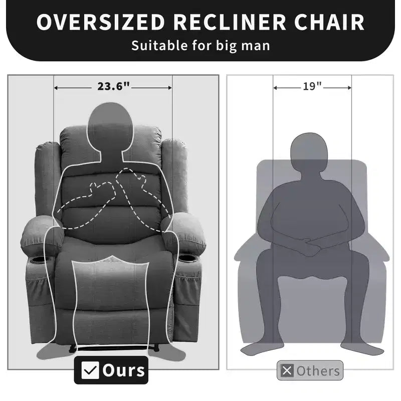 Grand fauteuil inclinable pour adultes, manuel en tissu avec poches latérales et porte-gobelets