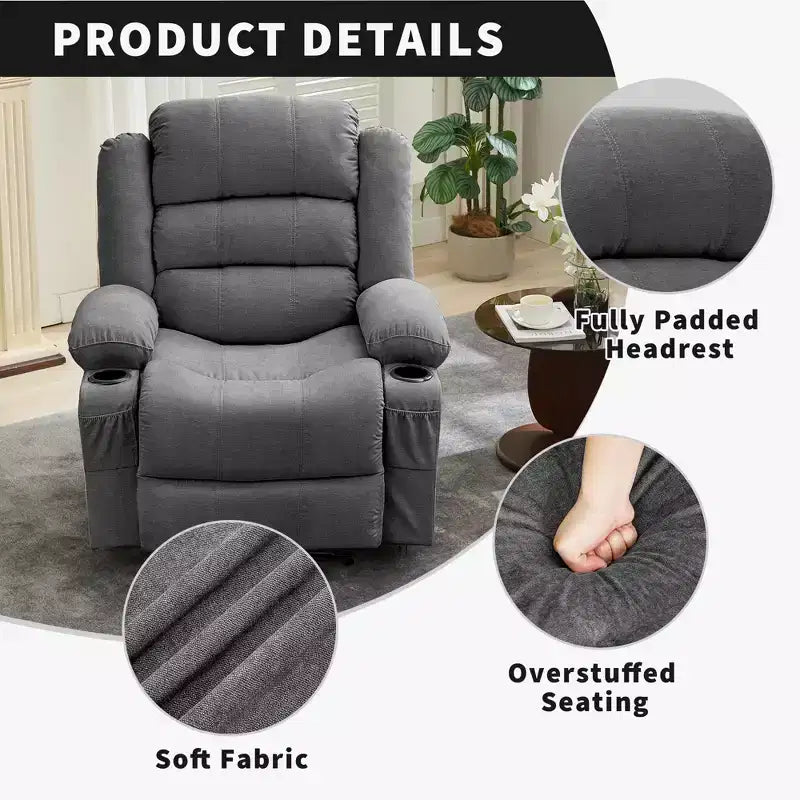 Grand fauteuil inclinable pour adultes, manuel en tissu avec poches latérales et porte-gobelets