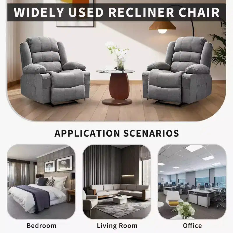 Grand fauteuil inclinable pour adultes, manuel en tissu avec poches latérales et porte-gobelets
