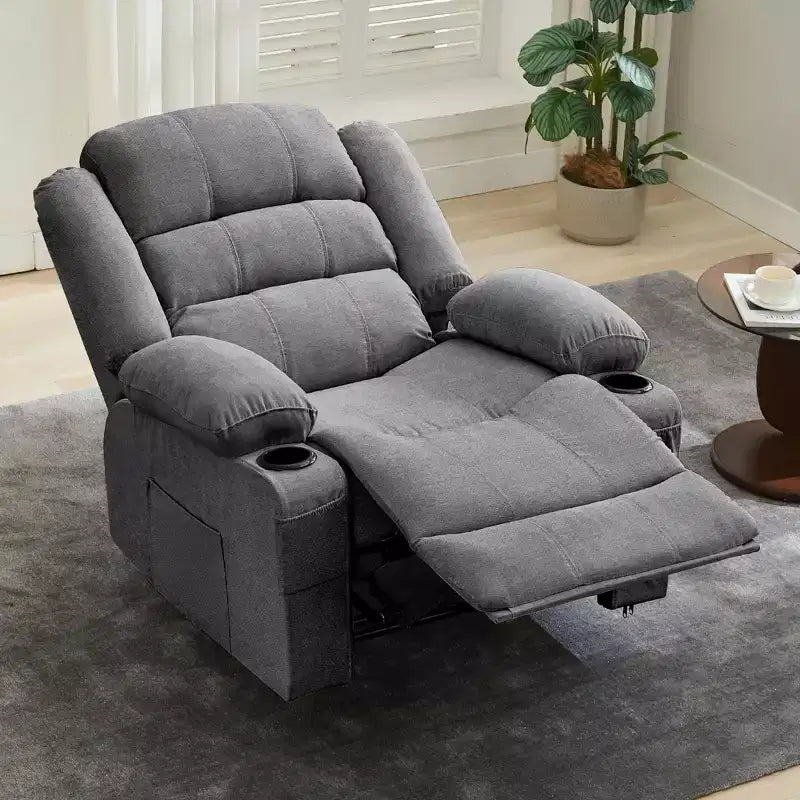 Grand fauteuil inclinable pour adultes, manuel en tissu avec poches latérales et porte-gobelets