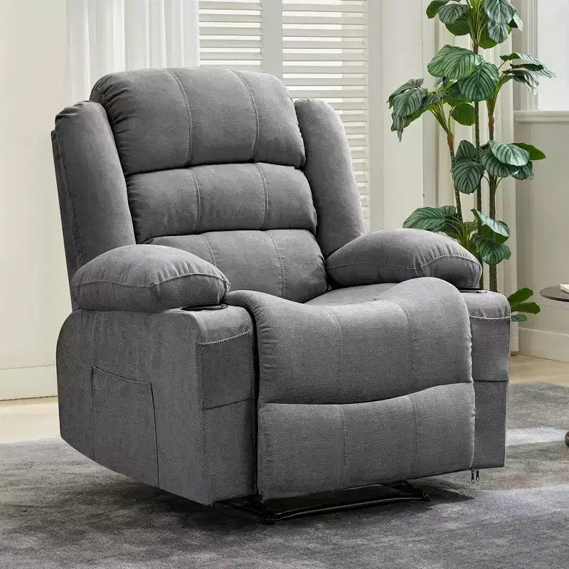 Grand fauteuil inclinable pour adultes, manuel en tissu avec poches latérales et porte-gobelets