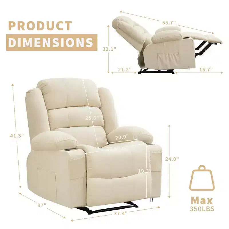 Grand fauteuil inclinable pour adultes, manuel en tissu avec poches latérales et porte-gobelets