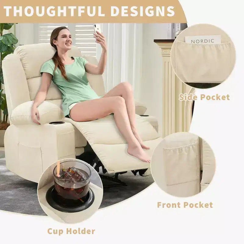 Grand fauteuil inclinable pour adultes, manuel en tissu avec poches latérales et porte-gobelets