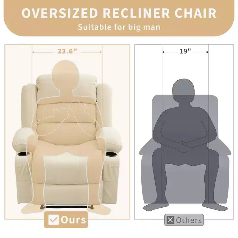 Grand fauteuil inclinable pour adultes, manuel en tissu avec poches latérales et porte-gobelets