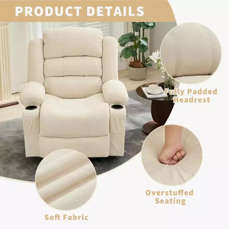 Grand fauteuil inclinable pour adultes, manuel en tissu avec poches latérales et porte-gobelets