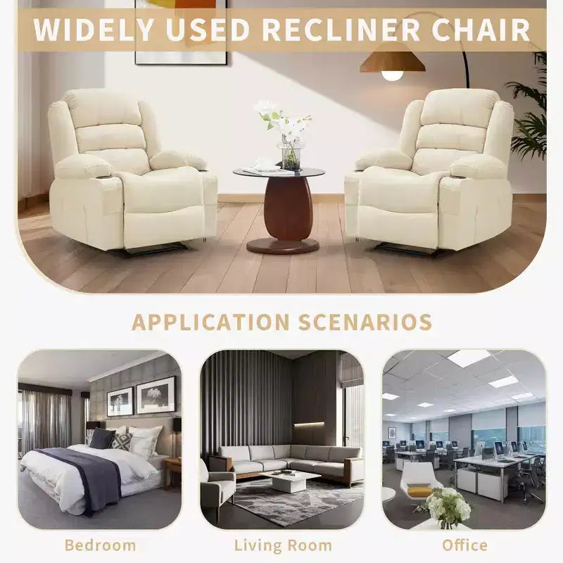Grand fauteuil inclinable pour adultes, manuel en tissu avec poches latérales et porte-gobelets