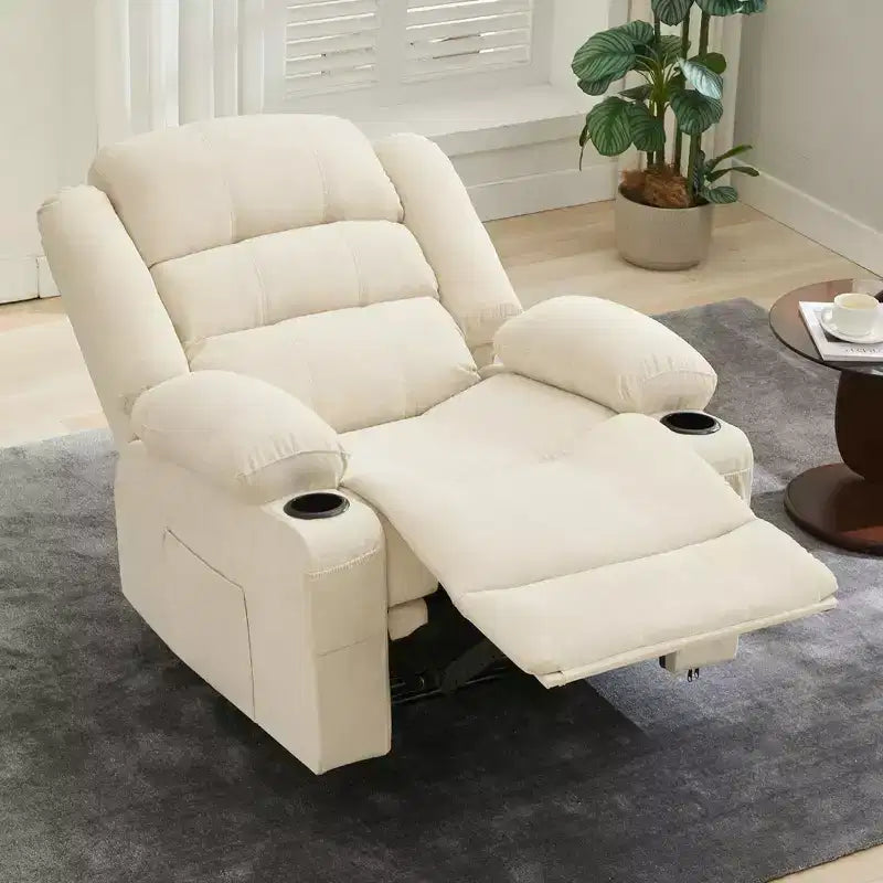 Grand fauteuil inclinable pour adultes, manuel en tissu avec poches latérales et porte-gobelets