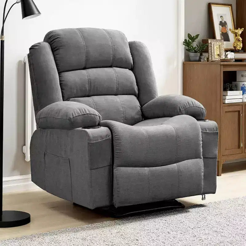 Grand fauteuil inclinable pour adultes, manuel en tissu avec poches latérales et porte-gobelets