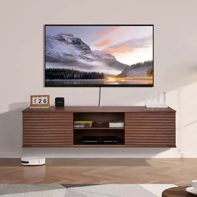 Meuble TV suspendu, Meuble TV mural de 152 cm avec étagère réglable et portes coulissantes, 2 niveaux, Marron