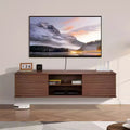Meuble TV suspendu, Meuble TV mural de 152 cm avec étagère réglable et portes coulissantes, 2 niveaux, Marron