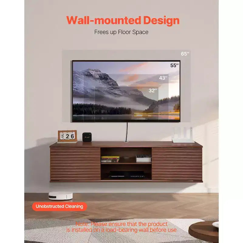 Meuble TV suspendu, Meuble TV mural de 152 cm avec étagère réglable et portes coulissantes, 2 niveaux, Marron