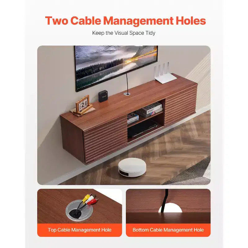 Meuble TV suspendu, Meuble TV mural de 152 cm avec étagère réglable et portes coulissantes, 2 niveaux, Marron