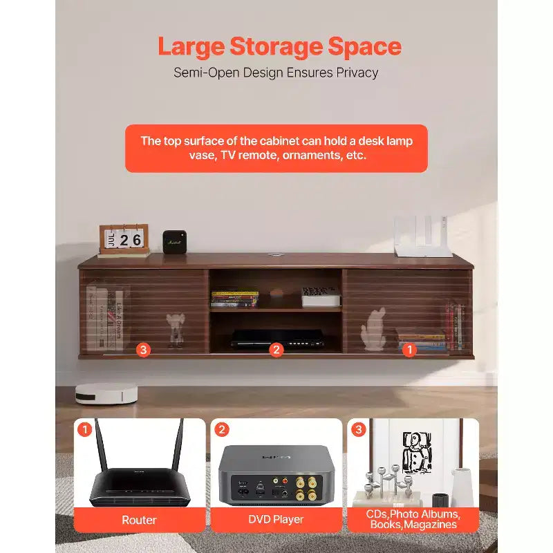 Meuble TV suspendu, Meuble TV mural de 152 cm avec étagère réglable et portes coulissantes, 2 niveaux, Marron