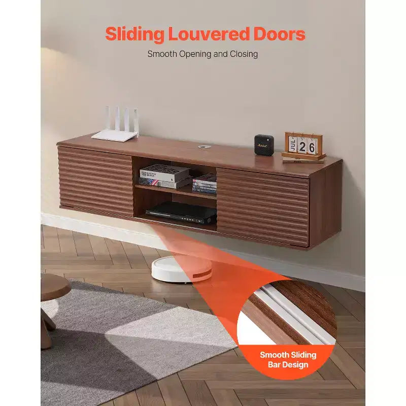 Meuble TV suspendu, Meuble TV mural de 152 cm avec étagère réglable et portes coulissantes, 2 niveaux, Marron